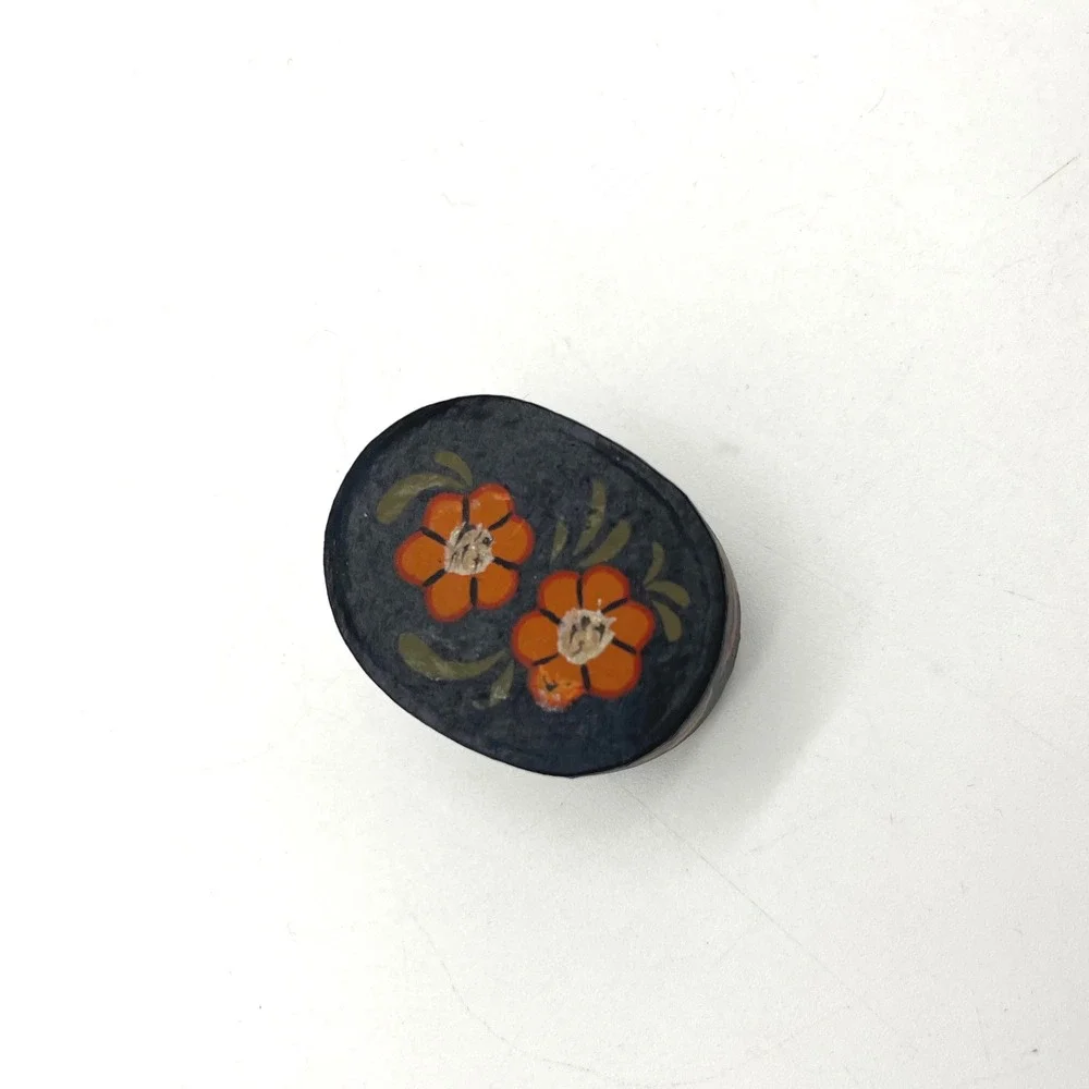 Vintage Folk‎ Art Hand Painted Miniature Trinket Box Floral Black Oval